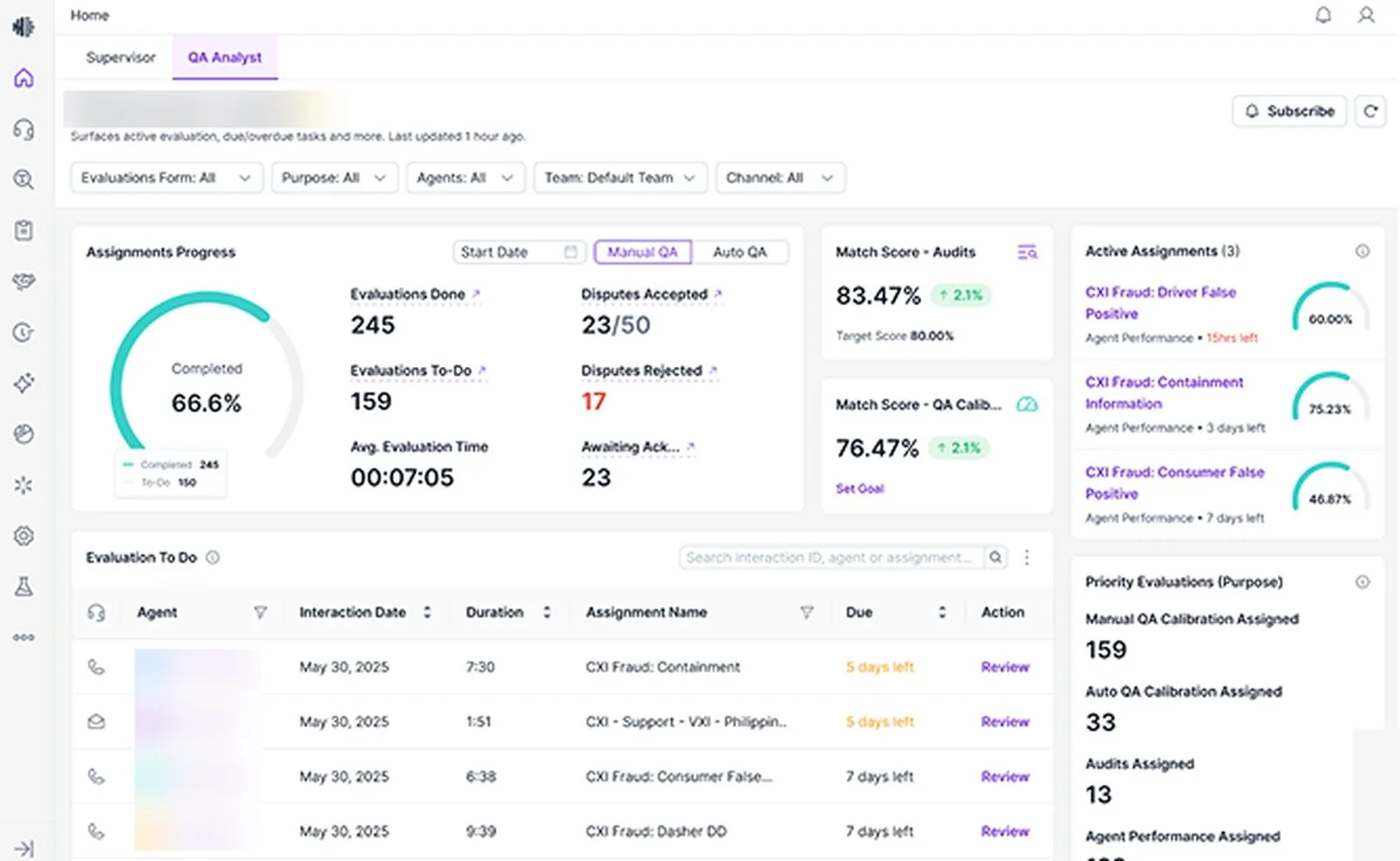 Observe.AI QA analyst home with assignment progress, match scores and an evaluation queue